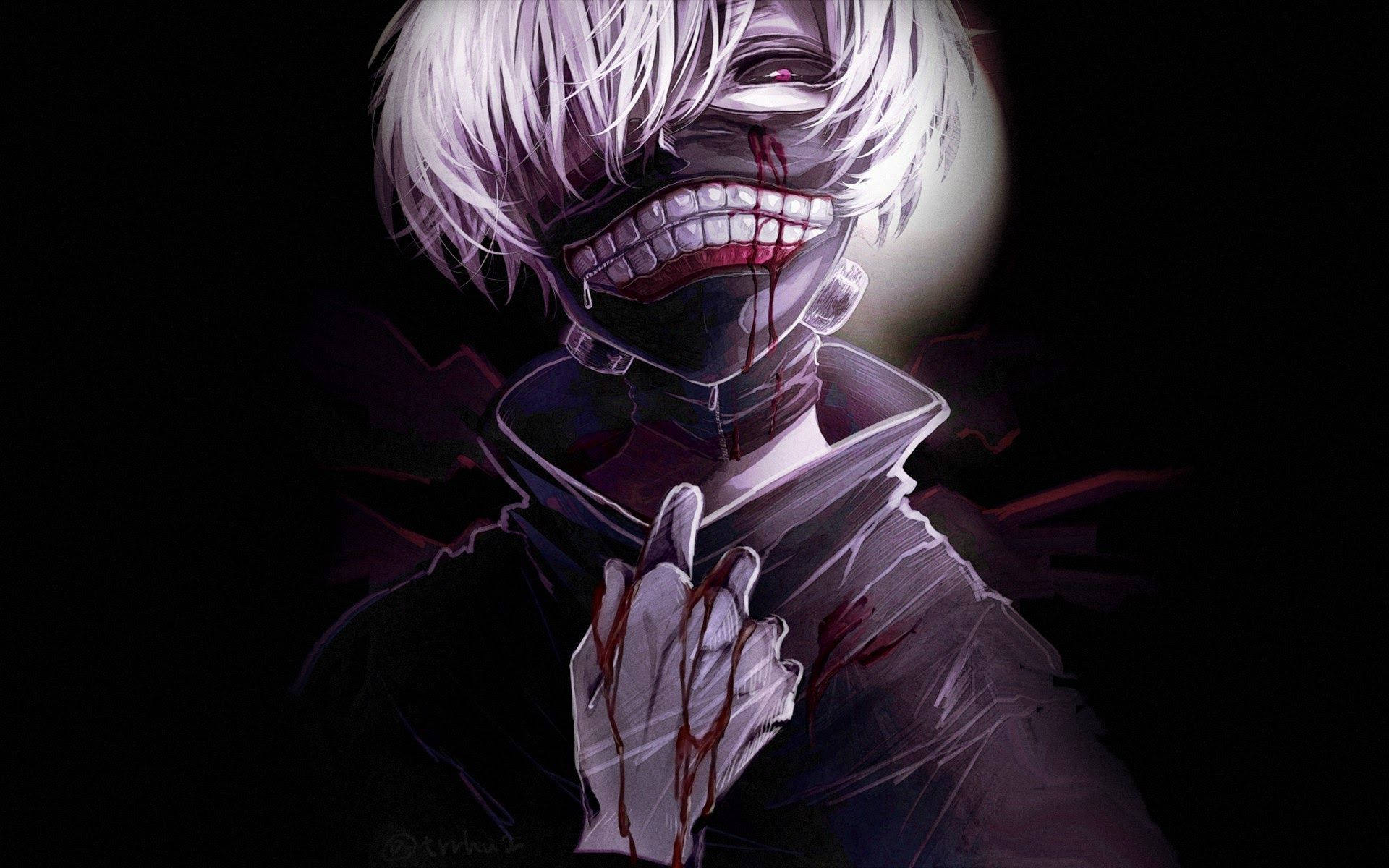 scary anime boy, white hair, bloodied grin, Full HD Desktop Wallpaper