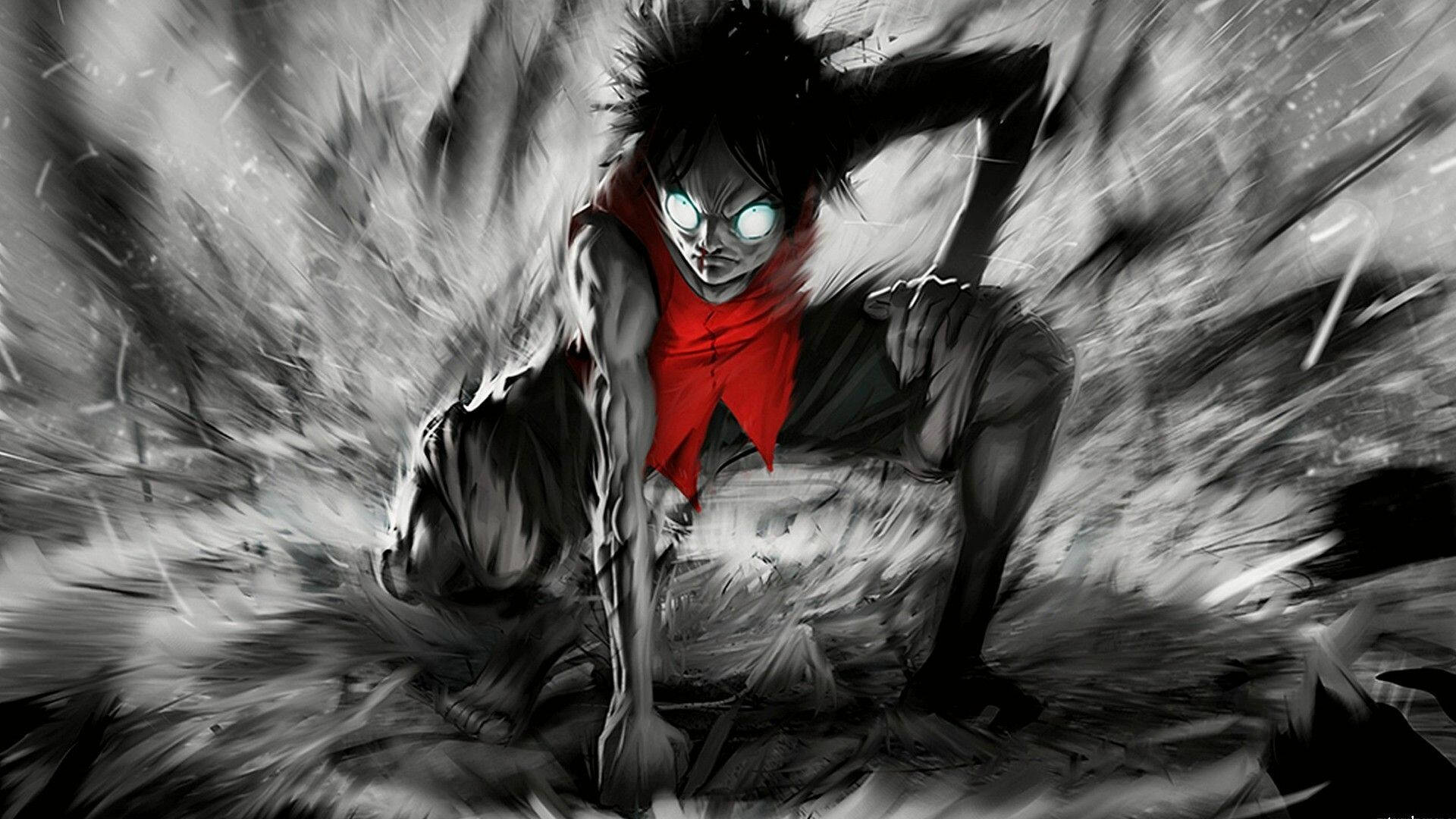 scary anime boy, glowing eyes, red scarf, Full HD Desktop Wallpaper