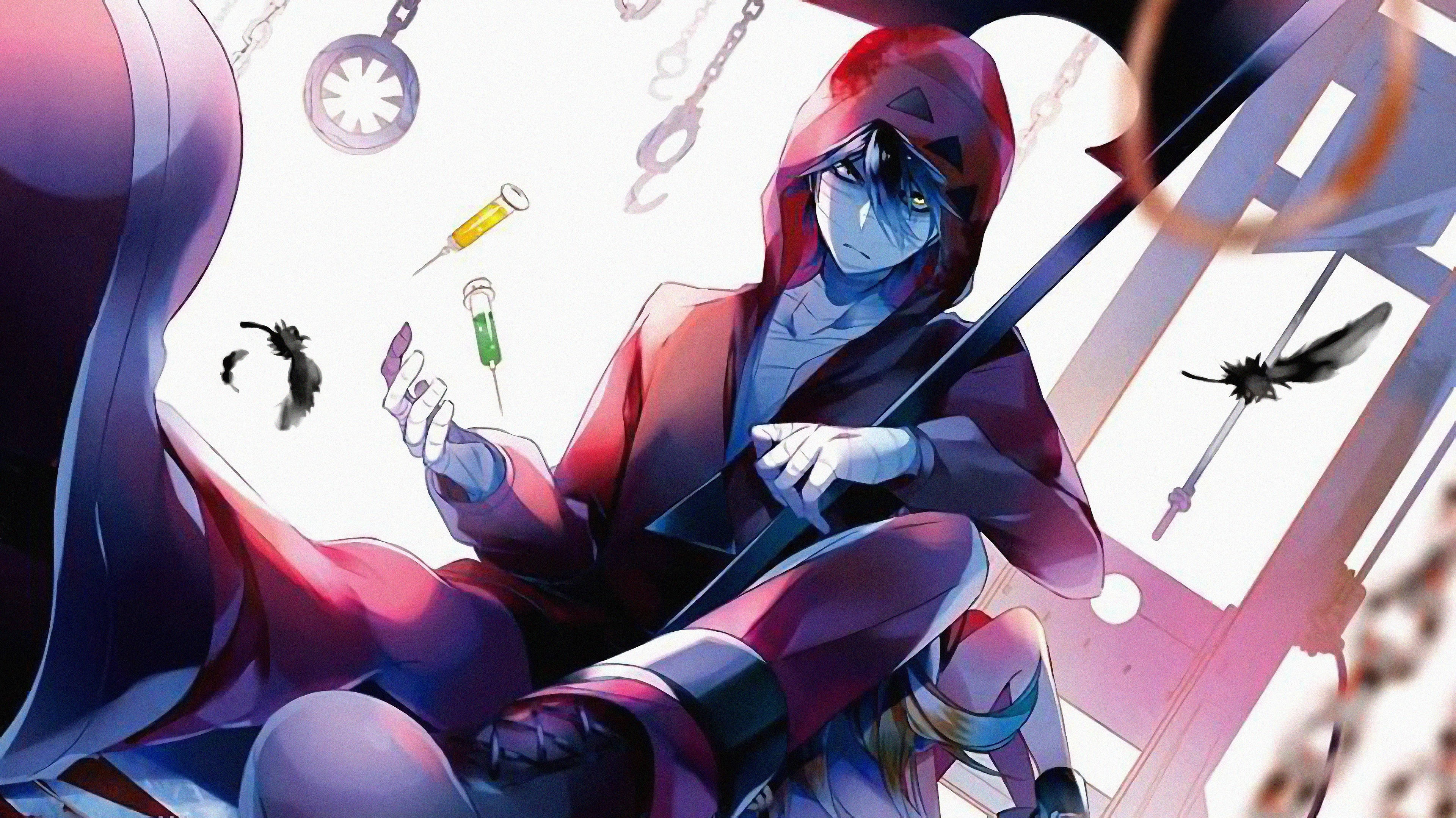scary anime boy, hooded anime character, red, 4K Desktop Wallpaper