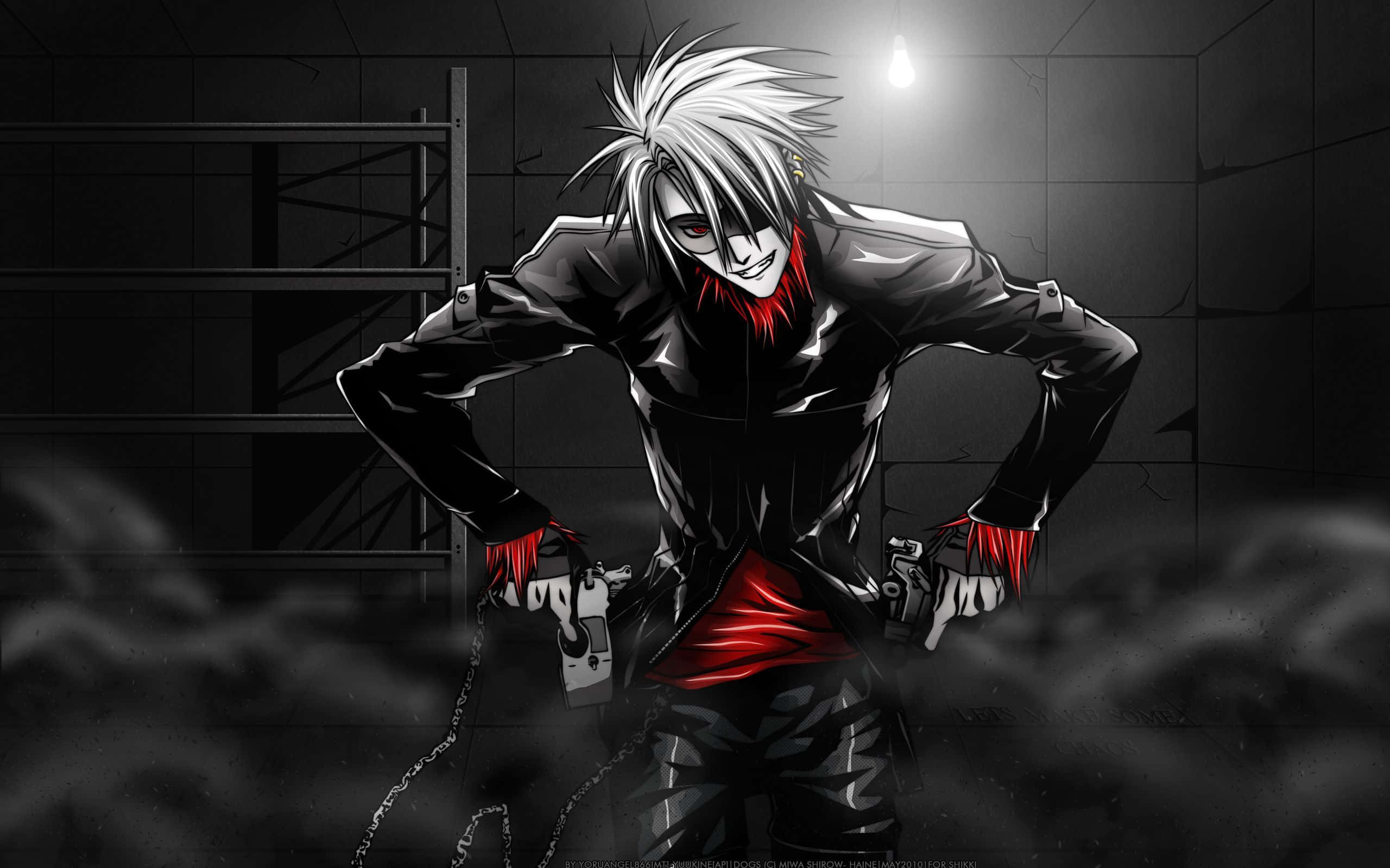 horror anime boy, spiky-haired anime character, black outfit with red accents, 2K Desktop Wallpaper