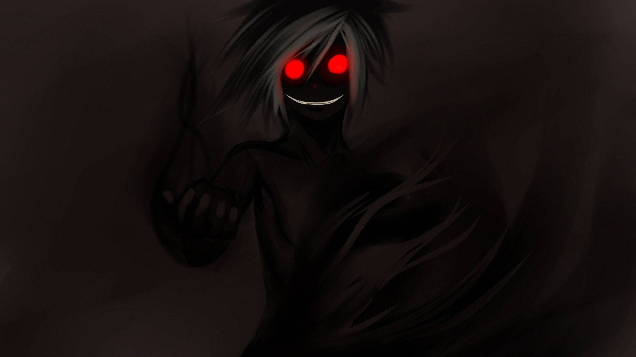 scary anime boy, glowing red eyes, sinister grin, 2K Desktop Wallpaper