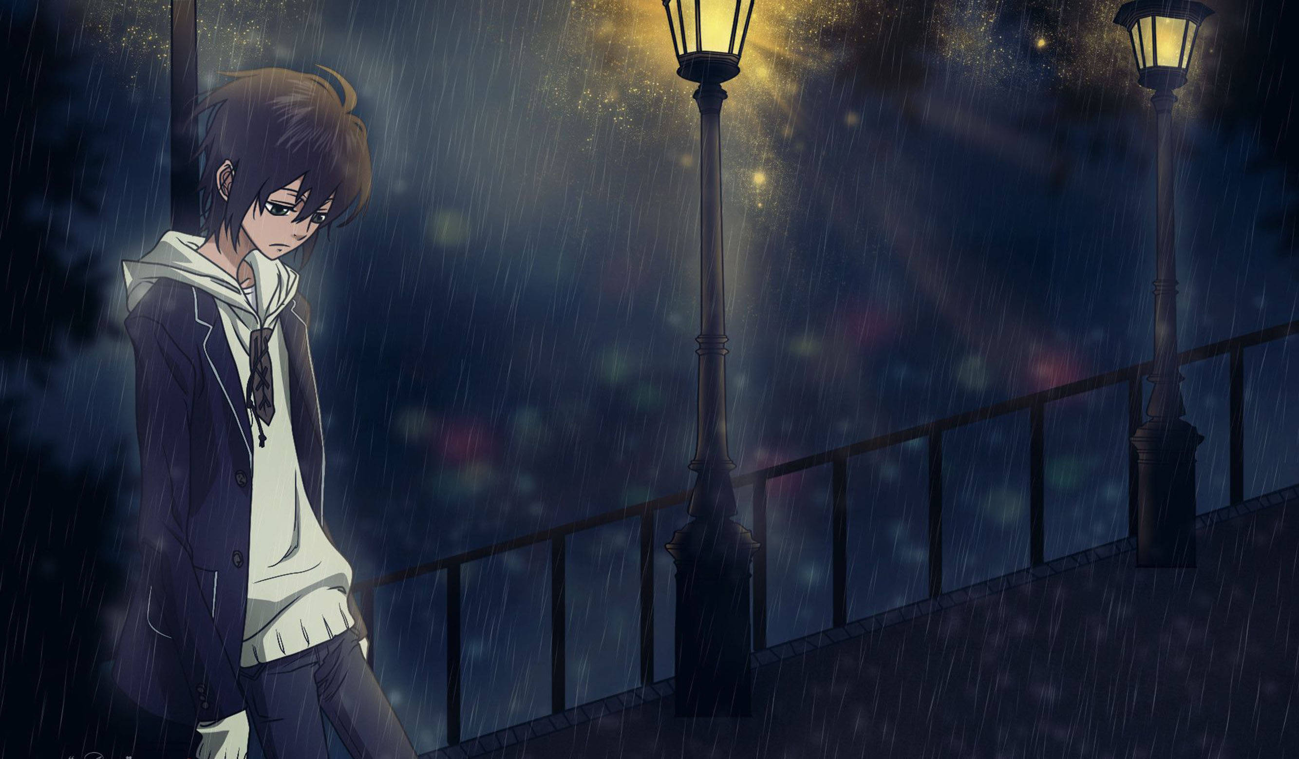 anime boy, rain-slicked streetlights, bridge, 2K Desktop Wallpaper