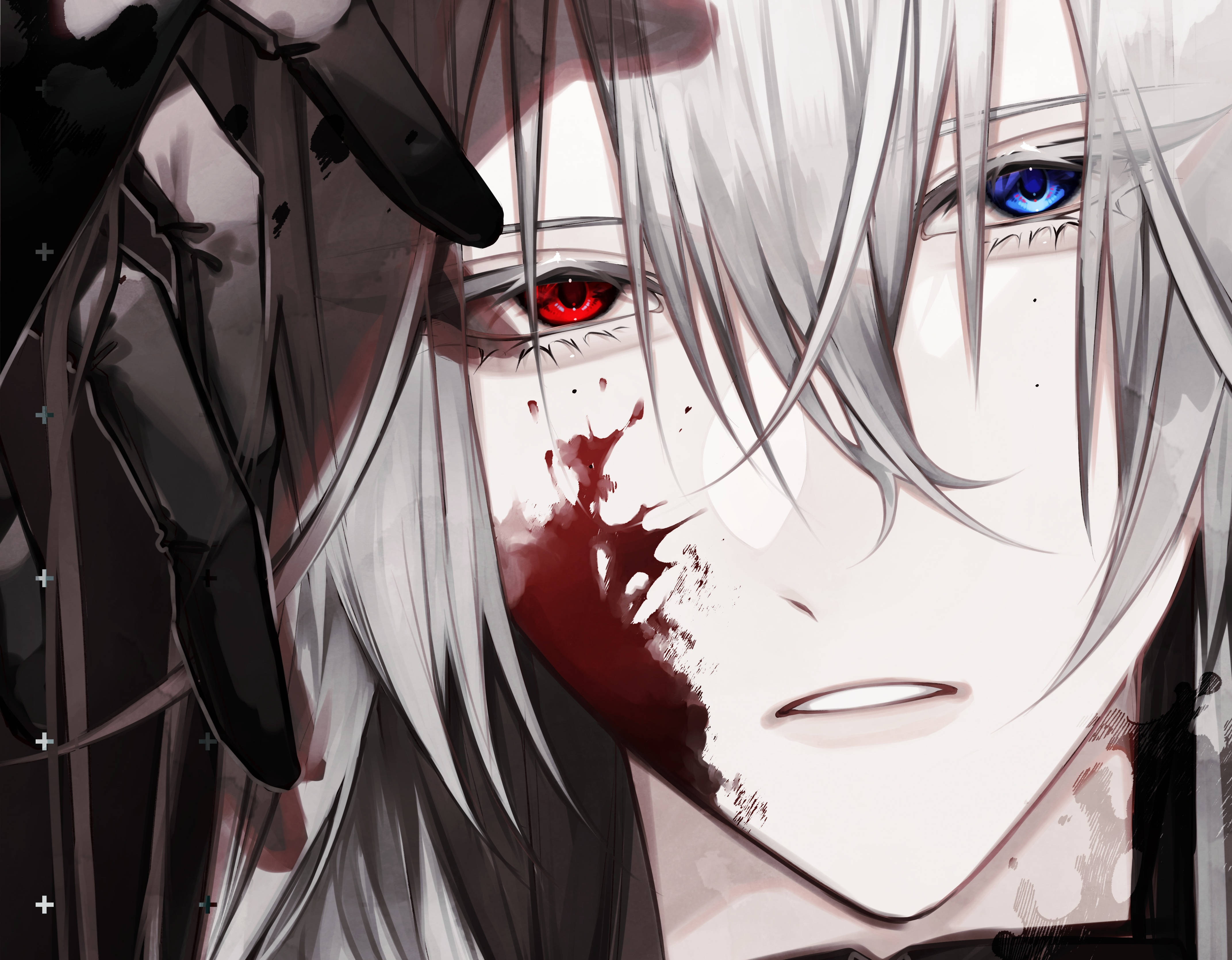 Scary Anime Boy, silver hair, mismatched red and blue eyes, 4K Desktop Wallpaper