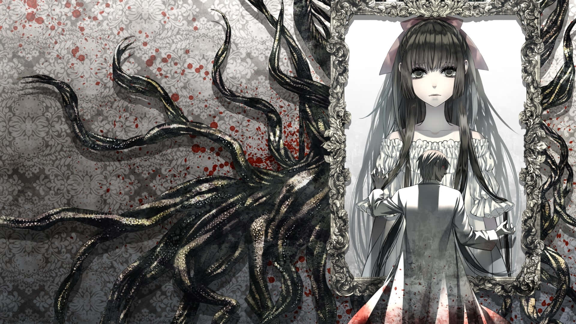 Scary Anime Guy Pines For A Painting, pale anime girl, long dark hair, Full HD Desktop Wallpaper