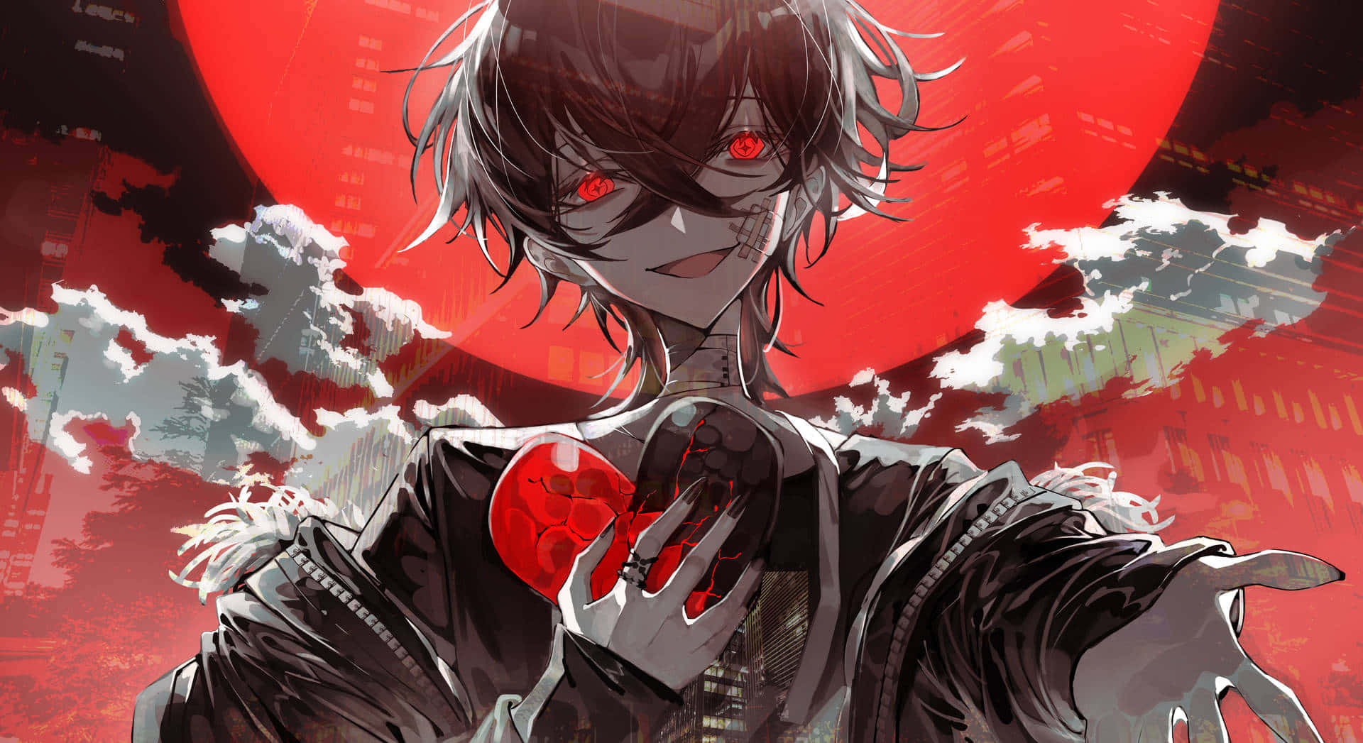 scary anime boy, glowing red eyes, cracked red heart, Full HD Desktop Wallpaper