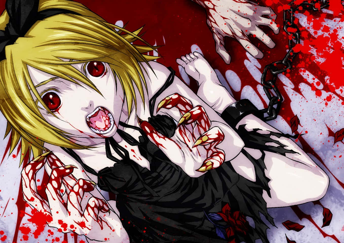 Scary Anime Girl, chains on feet, blonde hair, HD Desktop Wallpaper
