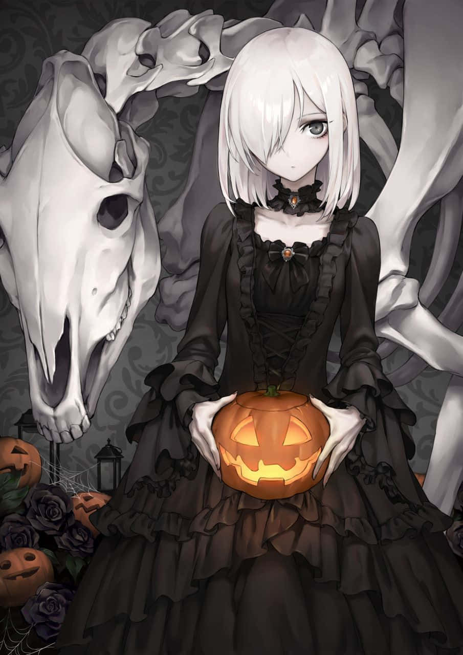 scary anime girl, black gothic dress, glowing jack-o-lantern, HD Phone Wallpaper