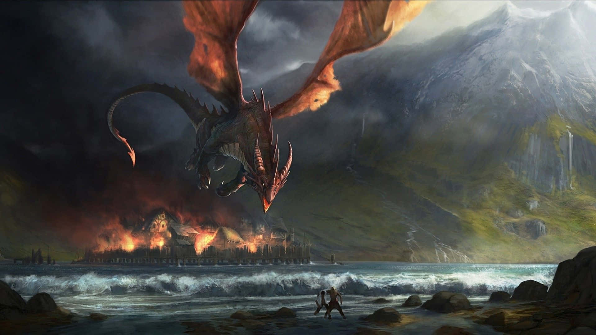 Scary Dragon, colossal dragon, burning coastal city, Full HD Desktop Wallpaper