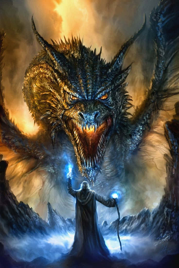 Scary Dragon, colossal dragon, glowing orange eyes, SD Phone Wallpaper