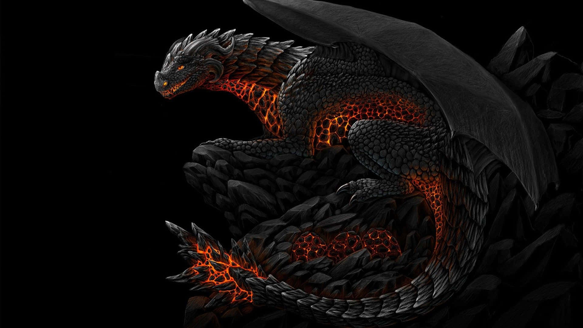 Scary Dragon, black, glowing orange lava veins, Full HD Desktop Wallpaper