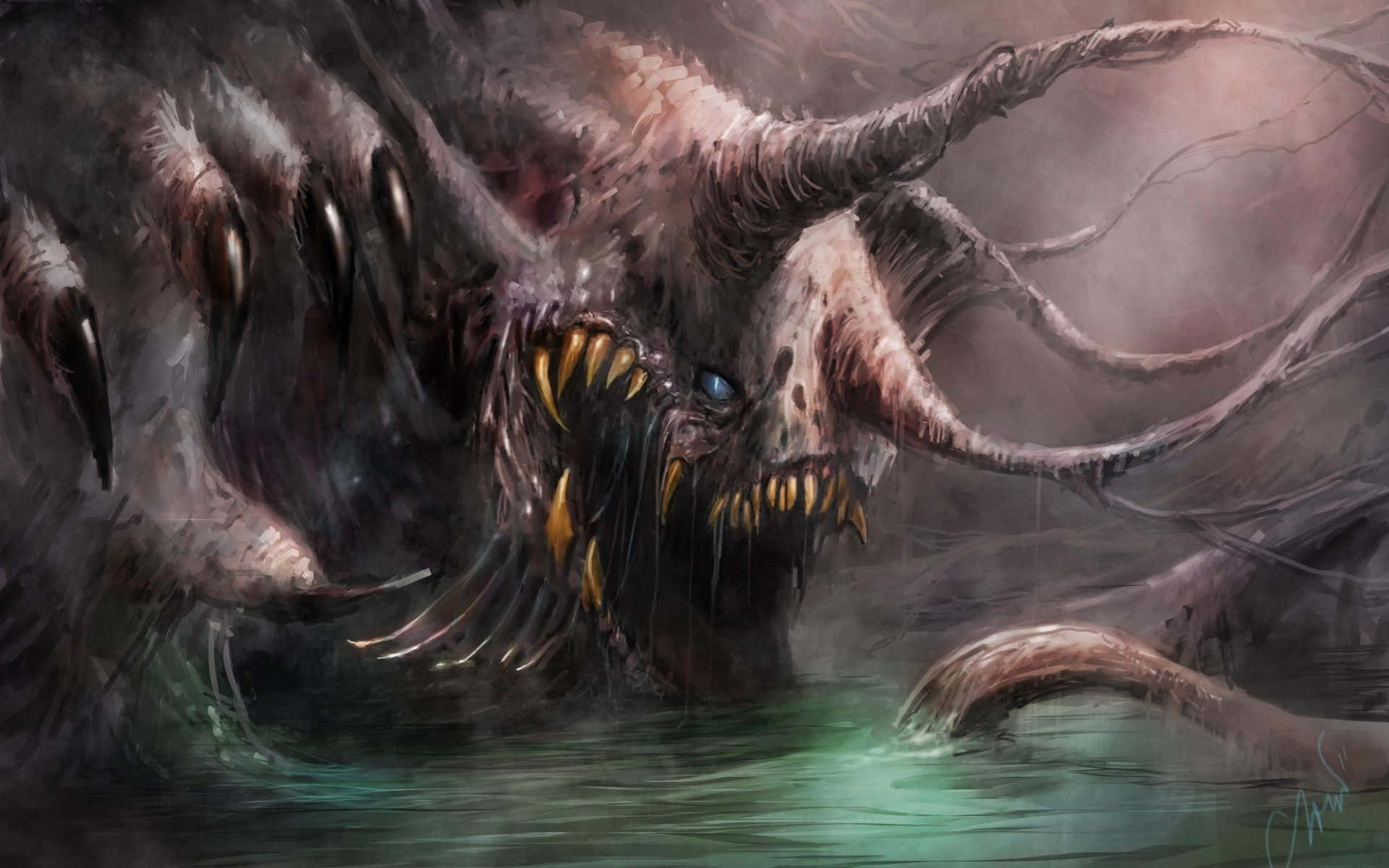scary dragon, glowing blue eyes, yellow fangs, Full HD Desktop Wallpaper