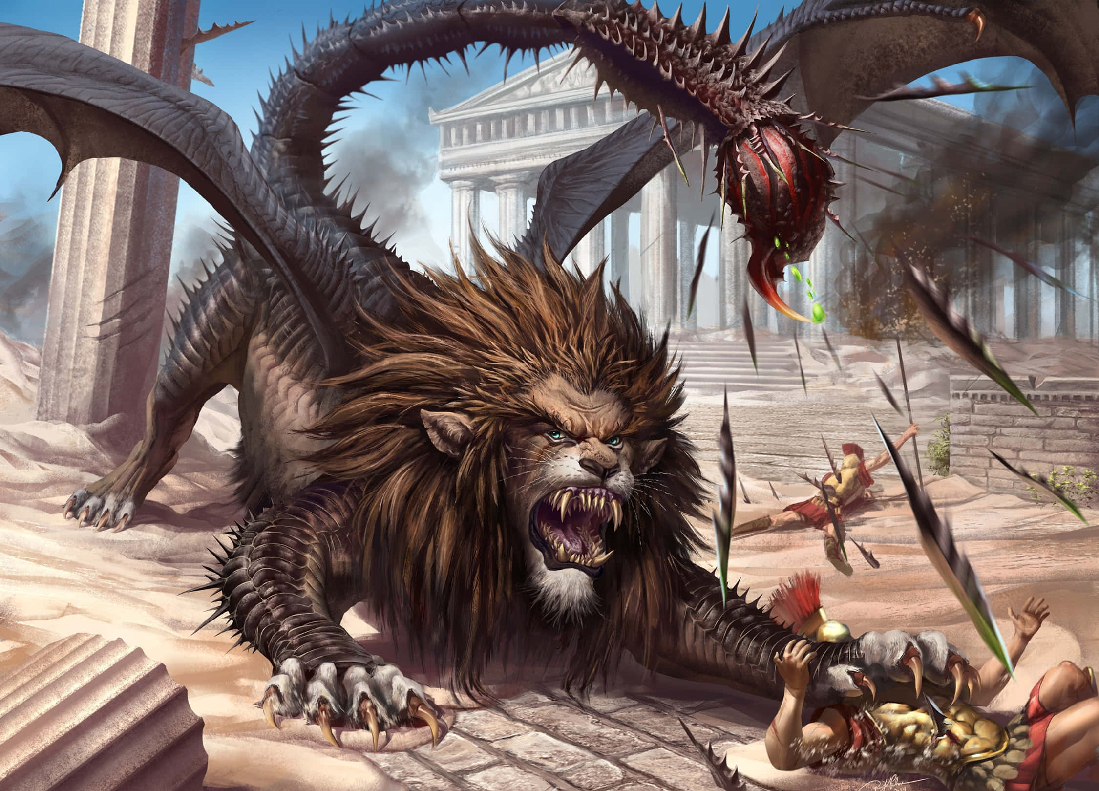 Scary Dragon, half lion, spiked wings, Full HD Desktop Wallpaper