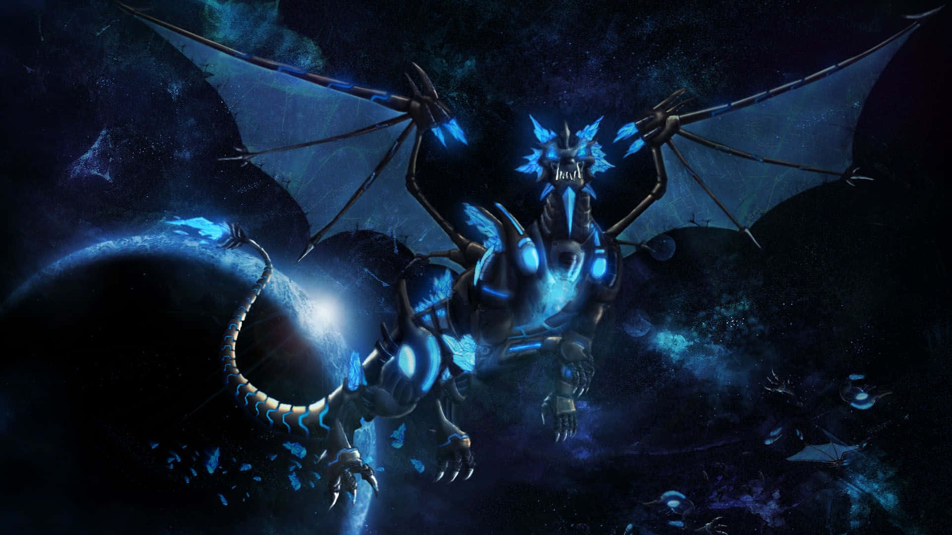 scary dragon, glowing blue mechanical dragon, cosmic void, Full HD Desktop Wallpaper