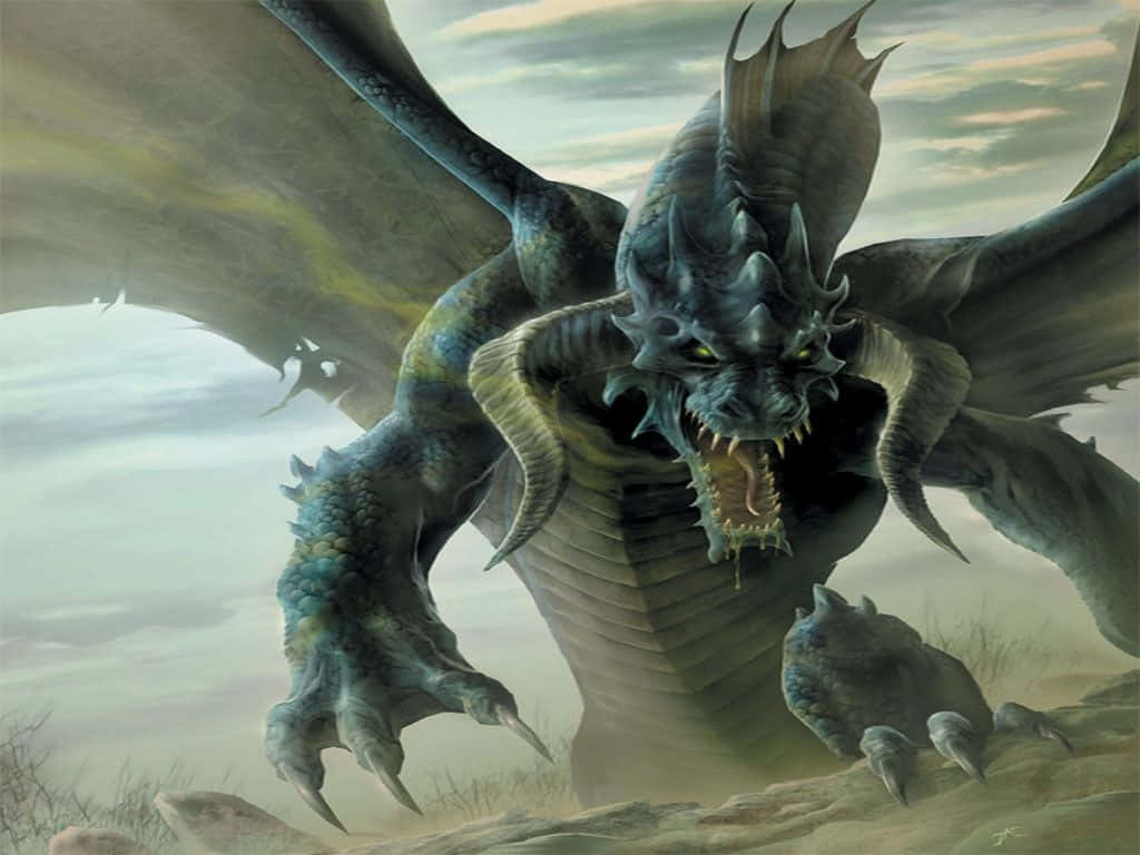Scary Dragon, dark blue, glowing yellow eyes, SD Desktop Wallpaper
