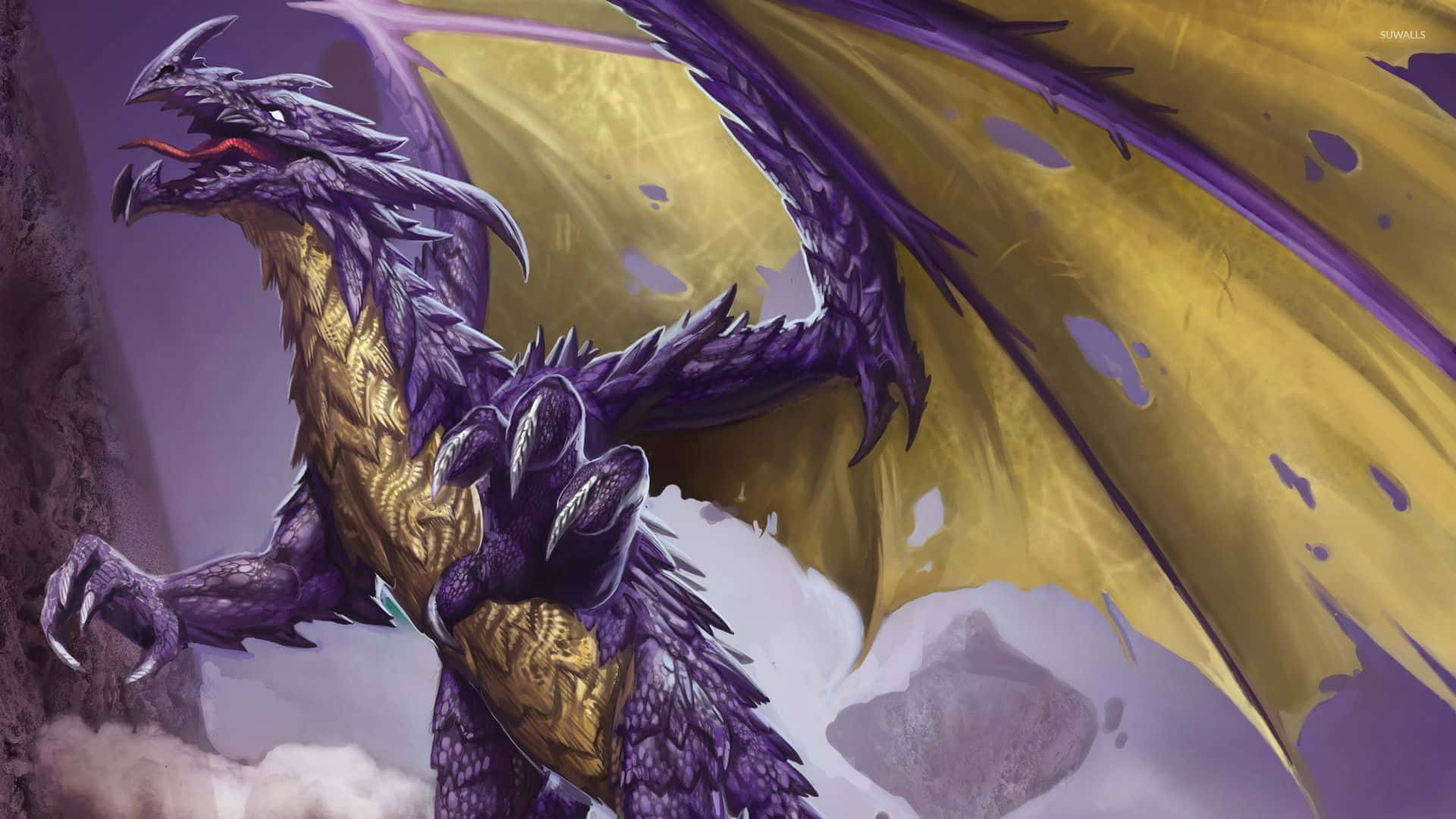 Scary Dragon, purple dragon, golden wings, Full HD Desktop Wallpaper
