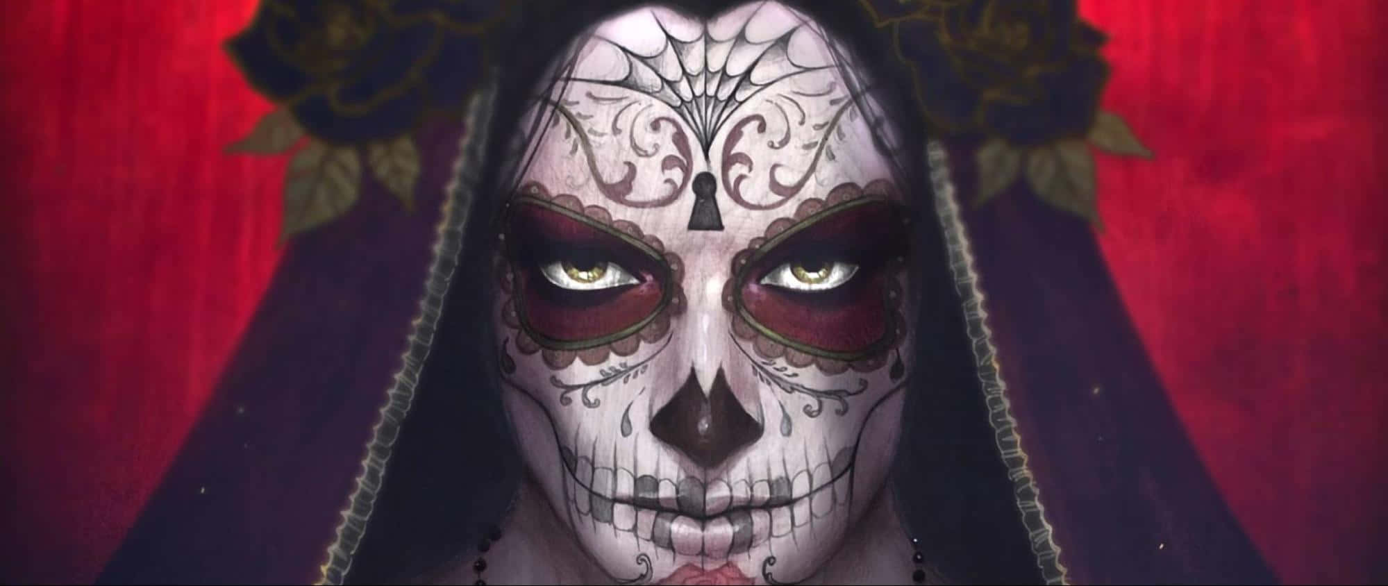 sugar skull woman, glowing eyes, floral headdress, Full HD Desktop Wallpaper