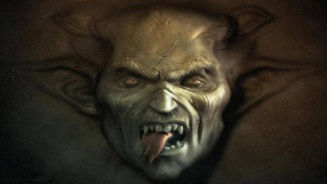Scary Face, tongue out goblin, glowing red eyes, HD Desktop Wallpaper