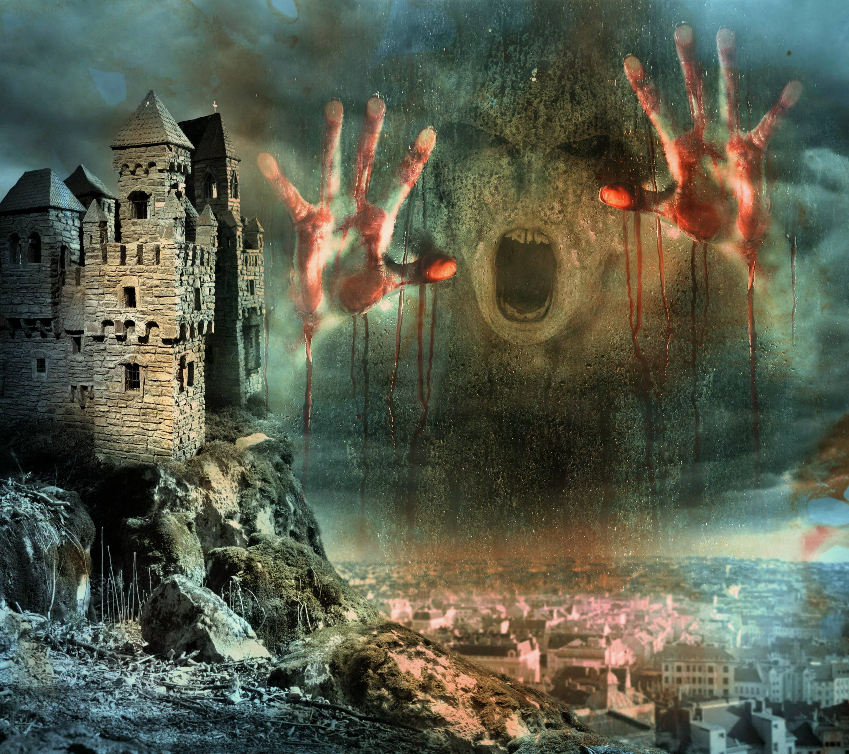 Scary Face, haunted castle, cliff, 2K Desktop Wallpaper