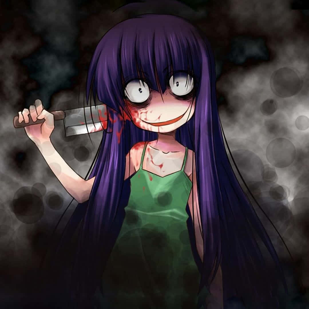 Scary Anime Girl, purple hair, bloodied face, SD Desktop Wallpaper
