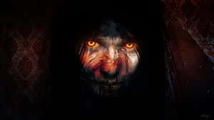 intimidating face paint, glowing orange eyes, hooded figure, SD Desktop Wallpaper