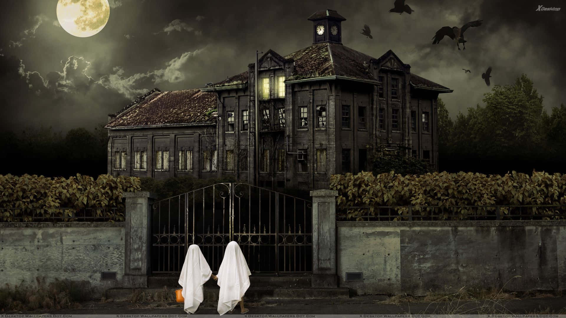 ghostly figures, white sheets, gated, decaying mansion, Full HD Desktop Wallpaper