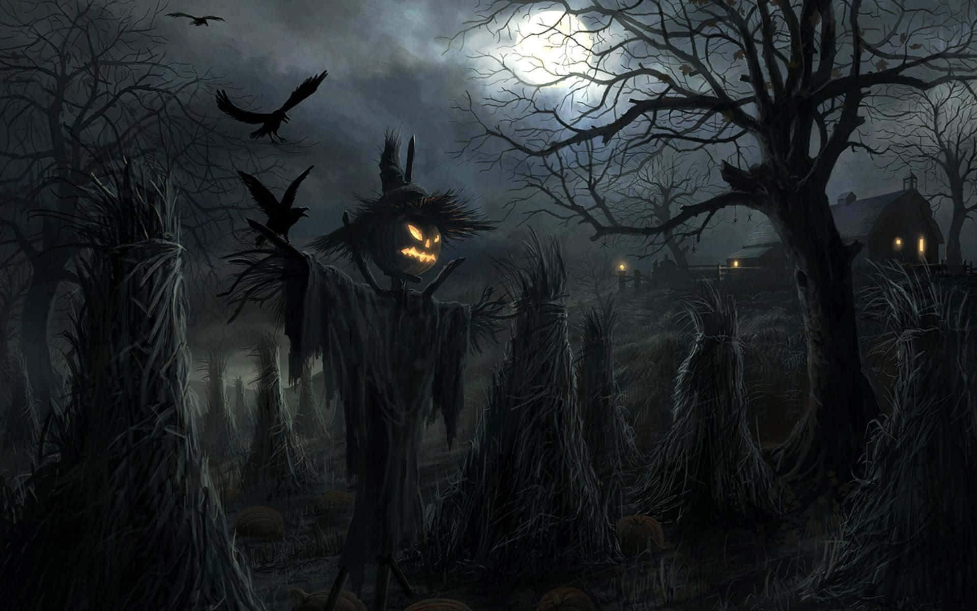 Scary Halloween Desktop, jack-o'-lantern scarecrow, haunted field, Full HD Desktop Wallpaper