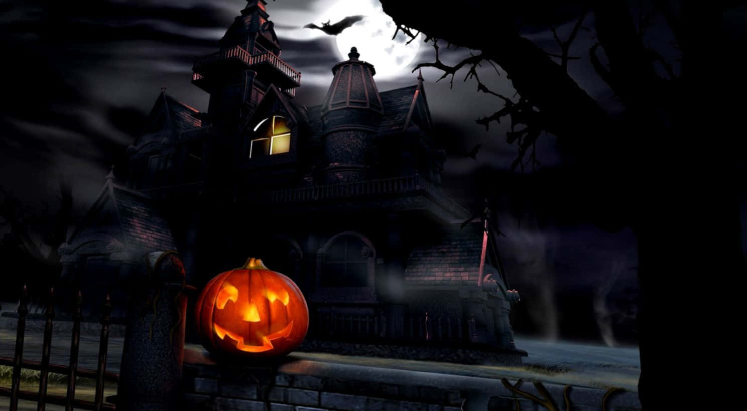 jack-o'-lantern, haunted mansion, full moon, HD Desktop Wallpaper