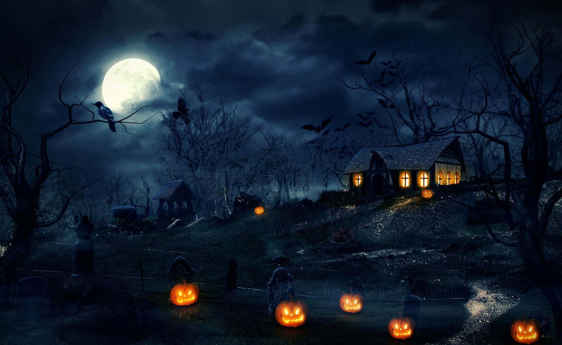 spooky haunted house, full moon, jack-o'-lanterns, Full HD Desktop Wallpaper