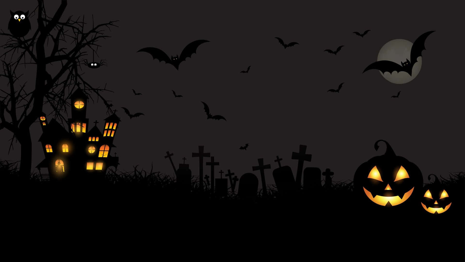 spooky Halloween night scene, glowing jack-o'-lanterns, bats, Full HD Desktop Wallpaper