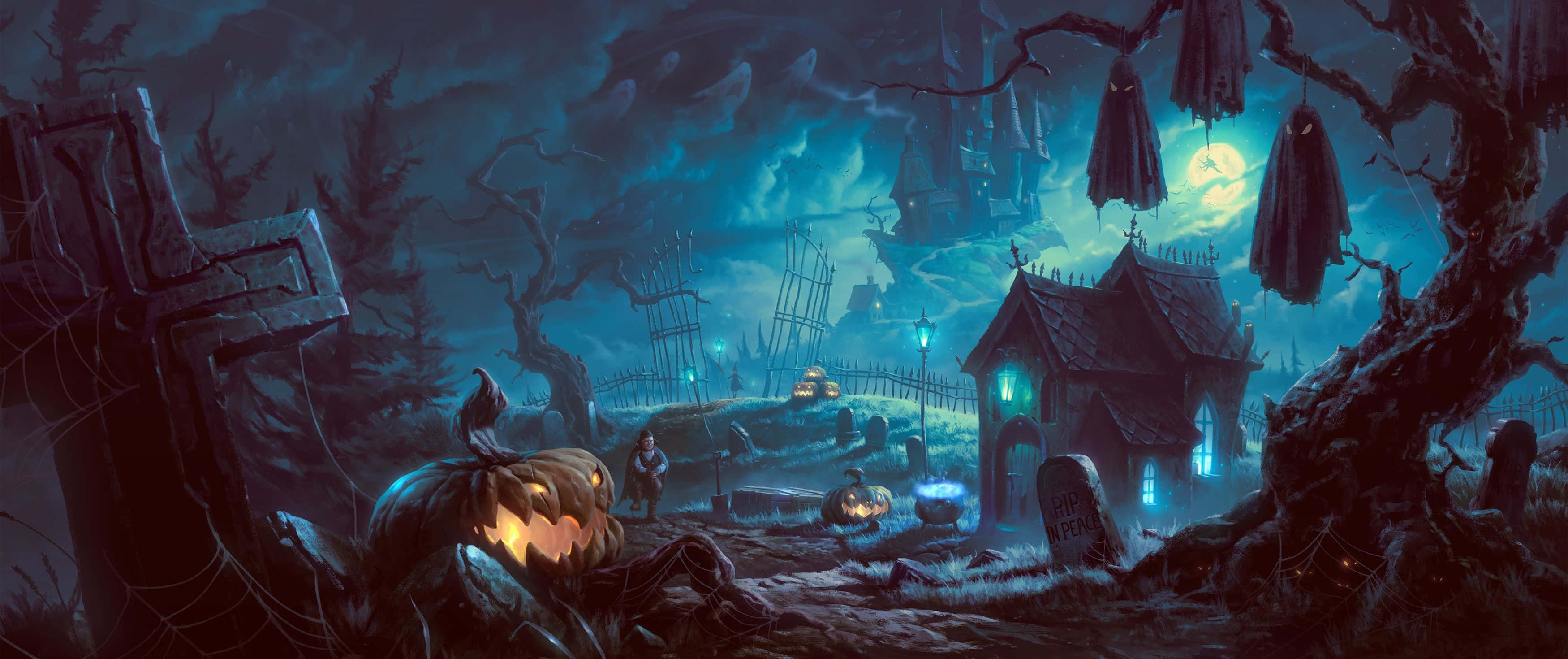 Halloween night scene, glowing jack-o-lanterns, haunted house, 2K Desktop Wallpaper