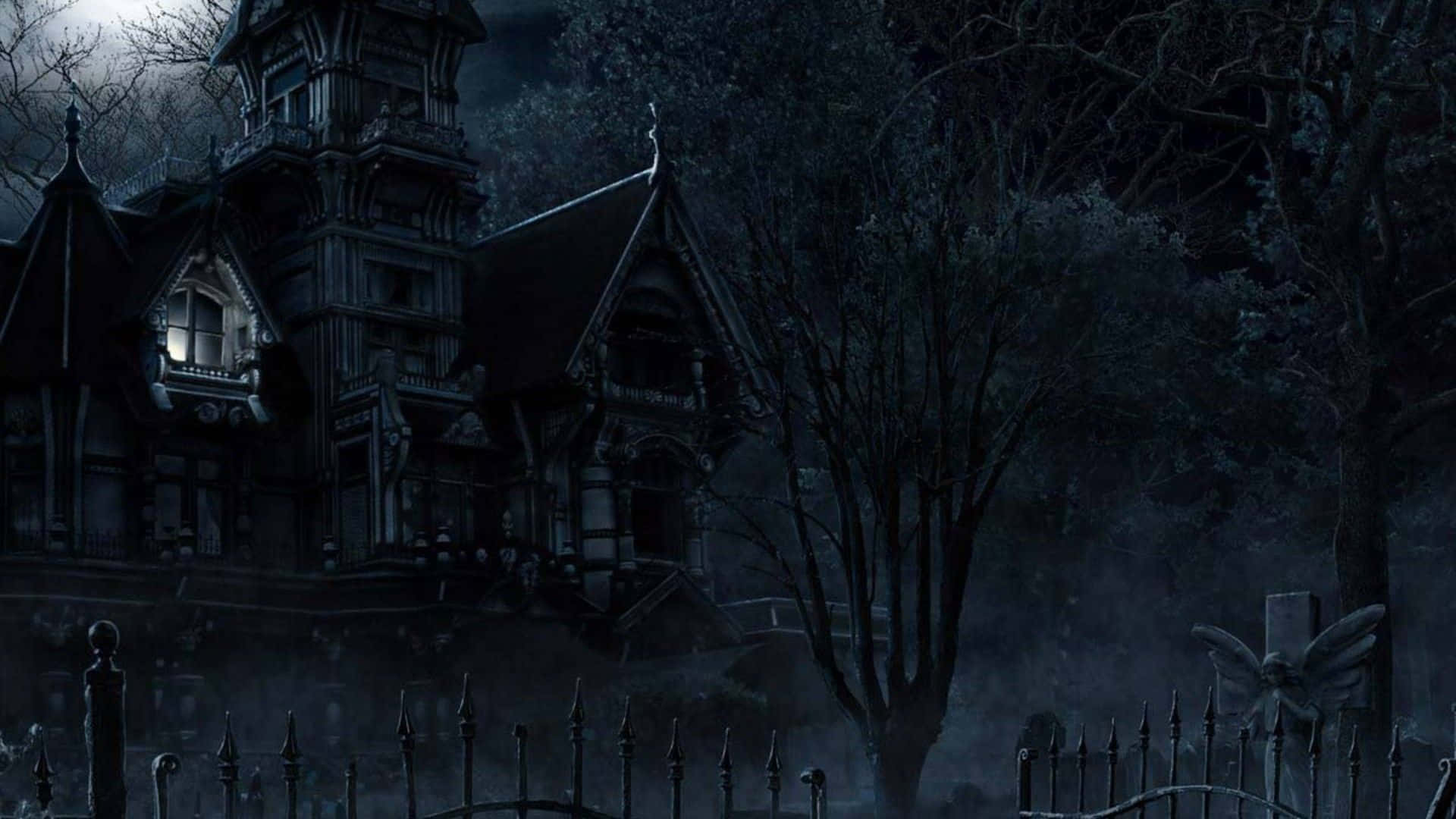 gothic mansion, moonlit sky, bare trees, Full HD Desktop Wallpaper