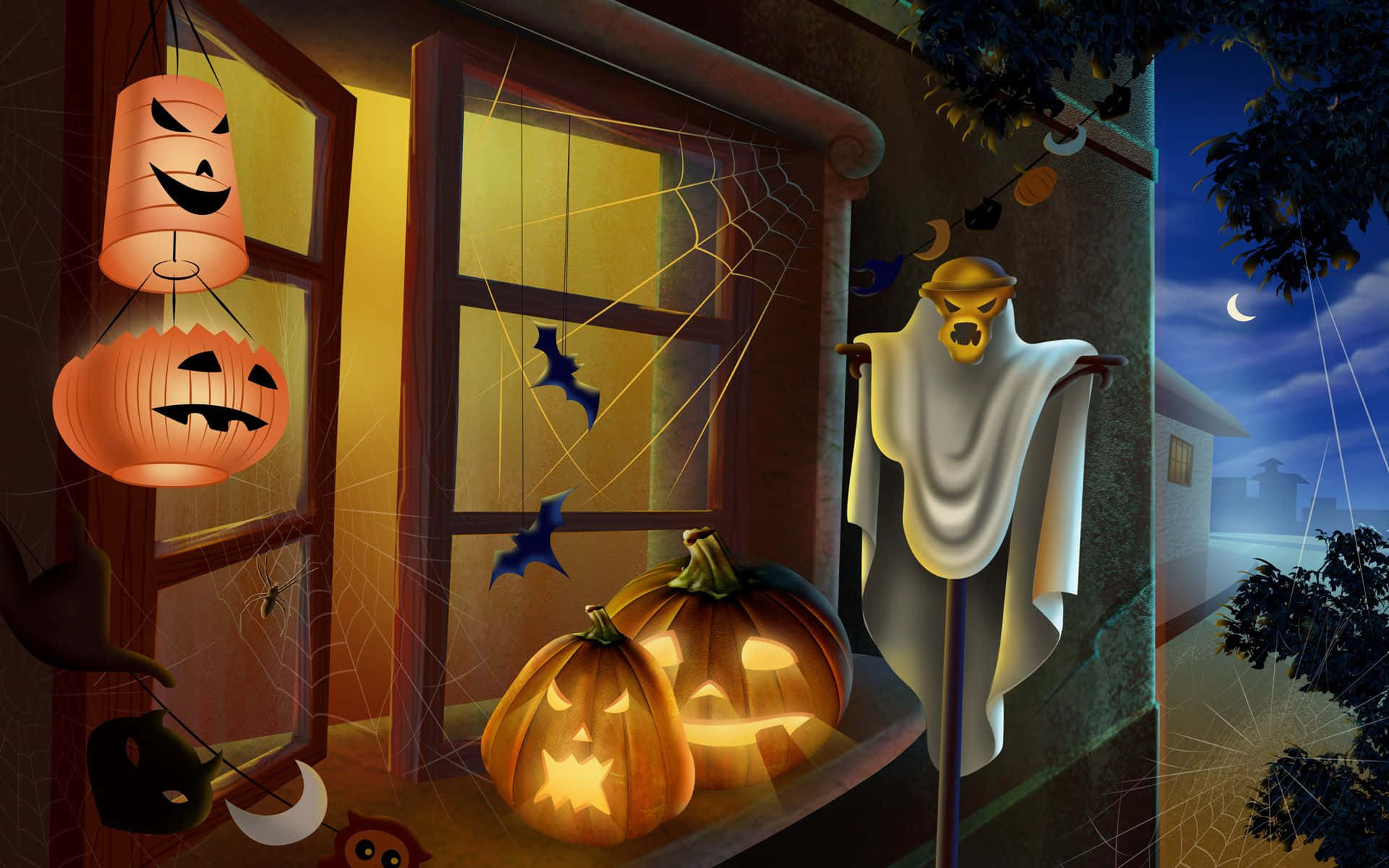 Halloween night scene, glowing jack-o'-lanterns, bats, Full HD Desktop Wallpaper