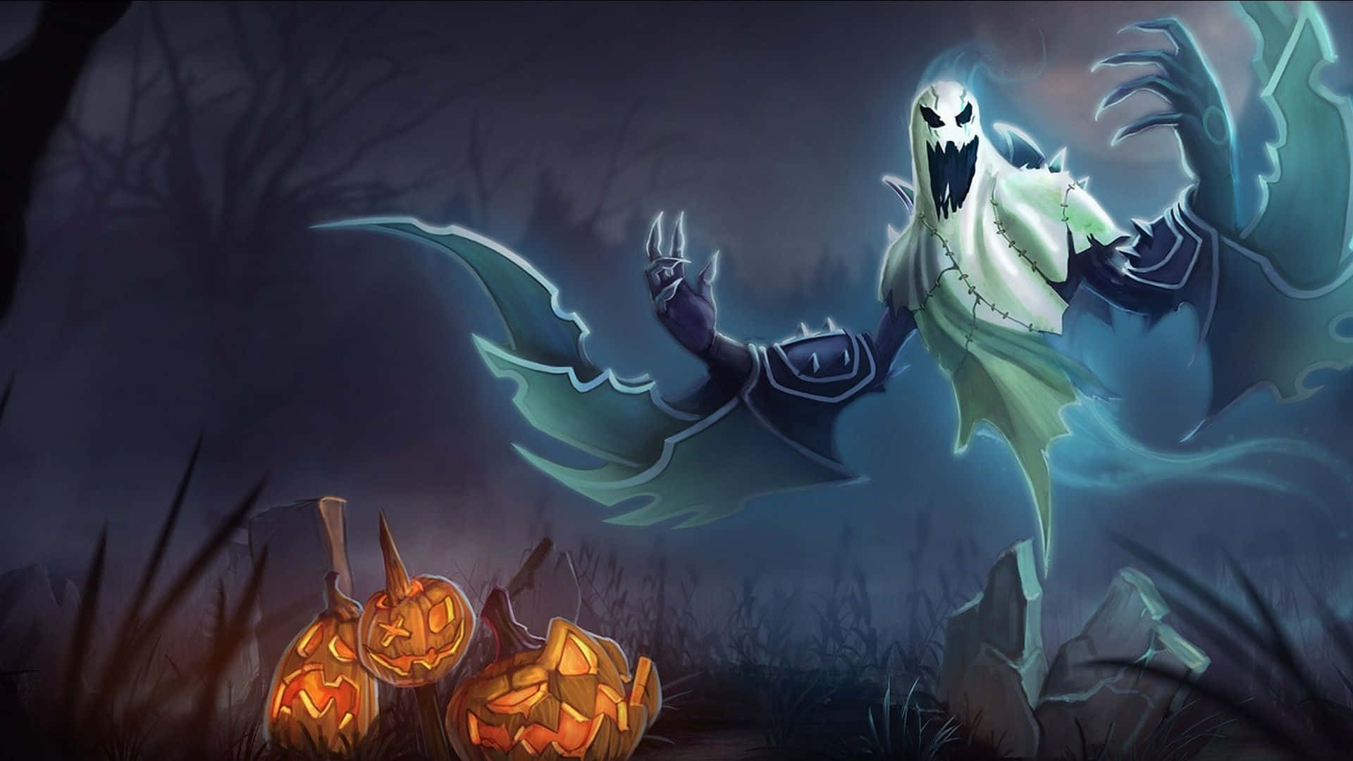 spooky Halloween desktop wallpaper, frightening skeleton, menacing ghost, Full HD Desktop Wallpaper