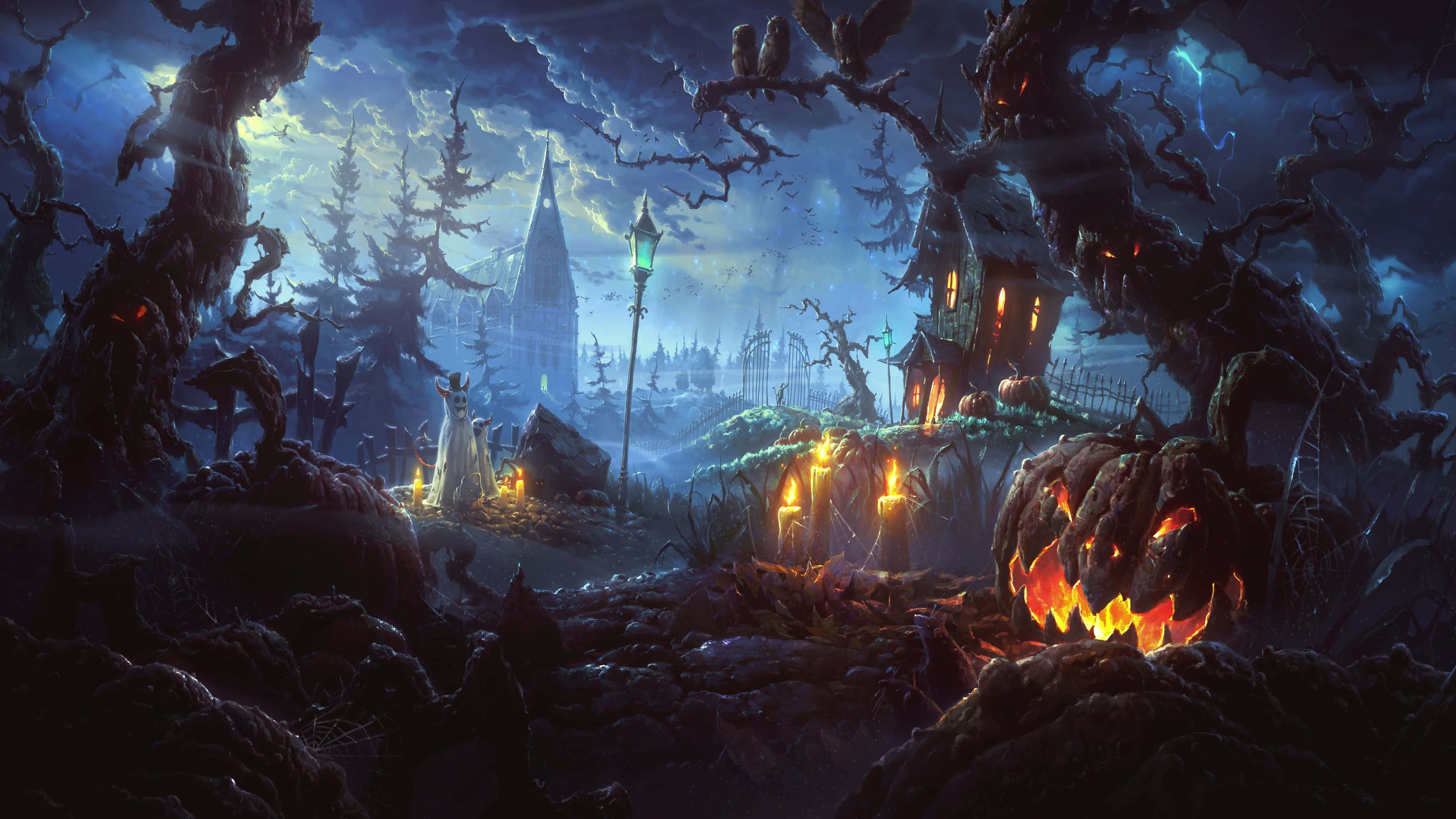 Halloween, jack-o'-lanterns, twisted trees, 4K Desktop Wallpaper