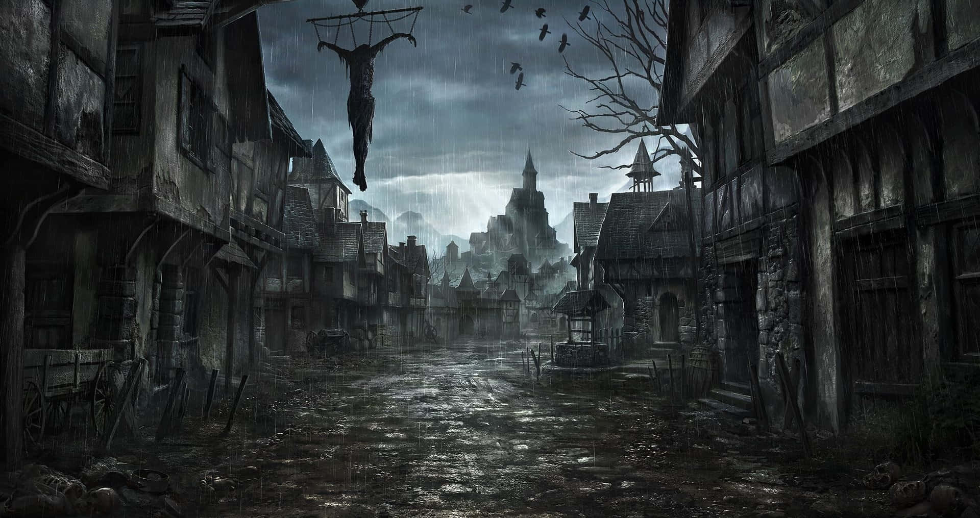 medieval village street, stormy skies, crucified figure, Full HD Desktop Wallpaper