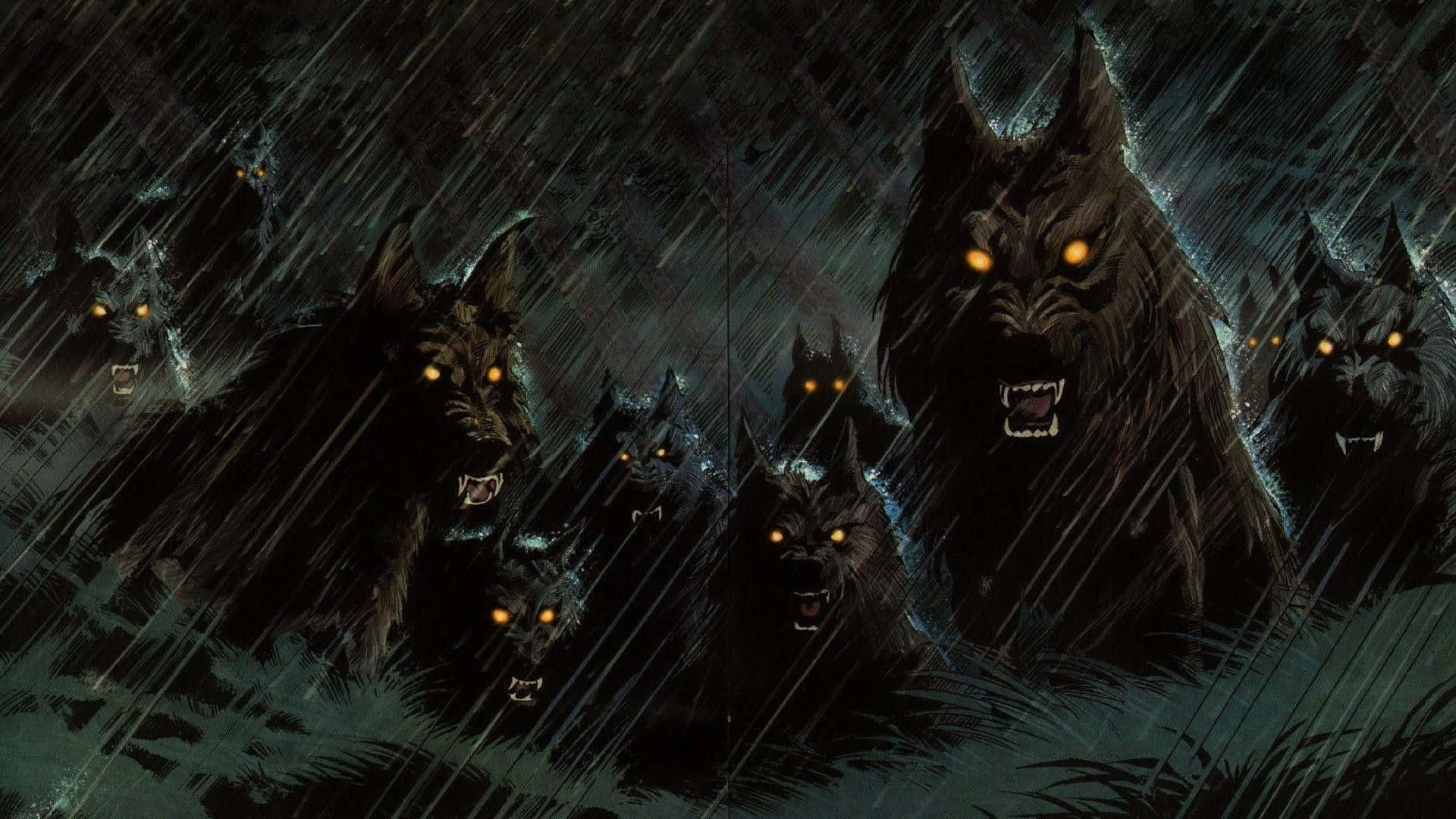 Scary Halloween Desktop, werewolves, glowing orange eyes, Full HD Desktop Wallpaper