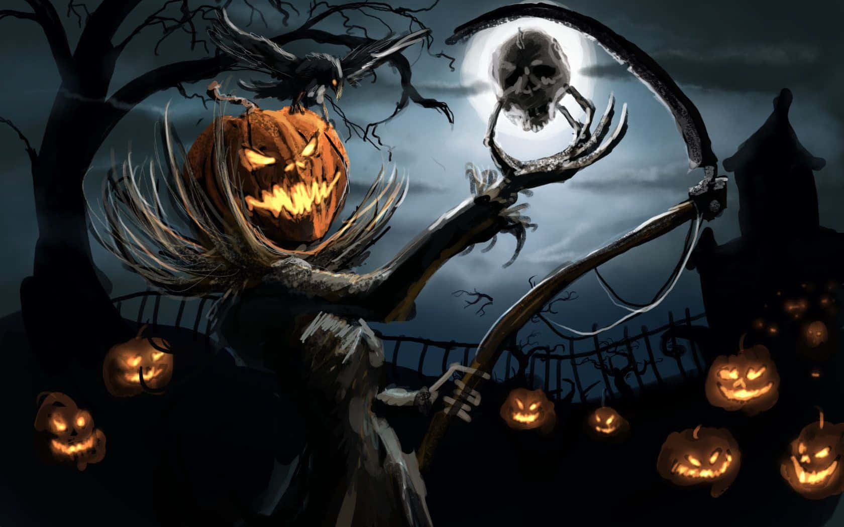 skeletal figure, jack-o-lantern head, scythe, HD Desktop Wallpaper