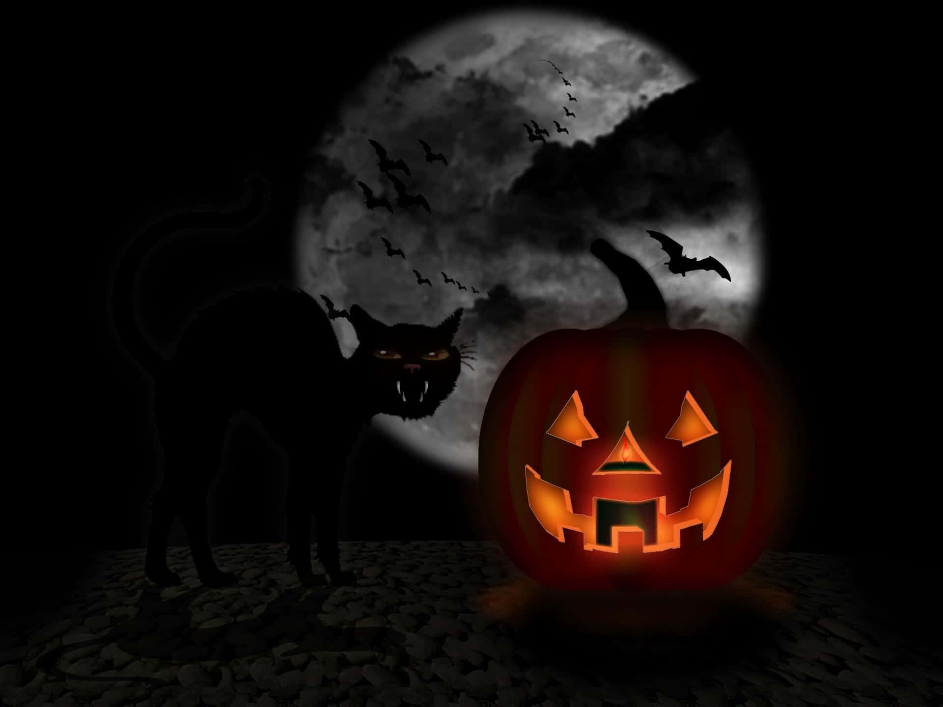 3D Halloween Night, glowing jack-o'-lantern, menacing black cat silhouette, Full HD Desktop Wallpaper