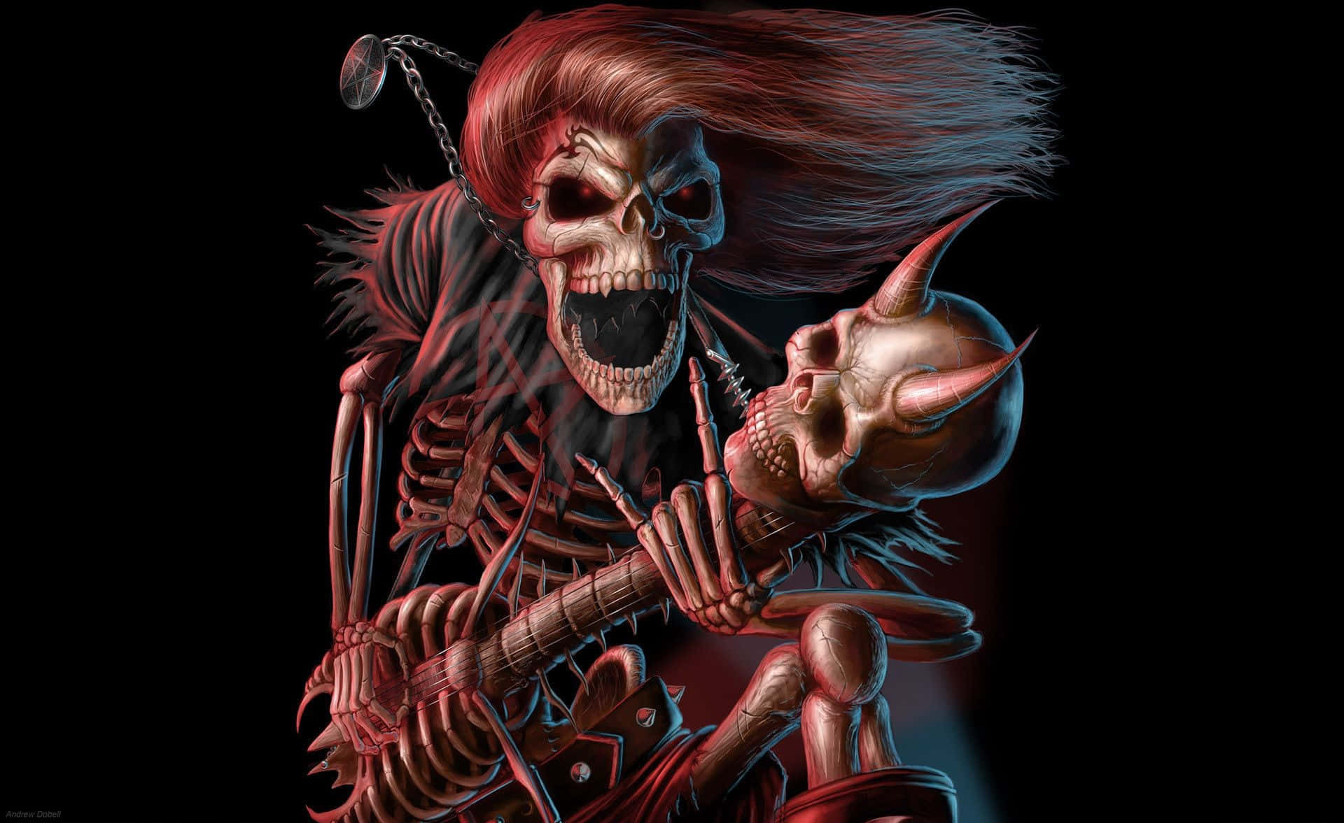 Halloween skeleton, skeletal guitarist, red hair, Full HD Desktop Wallpaper