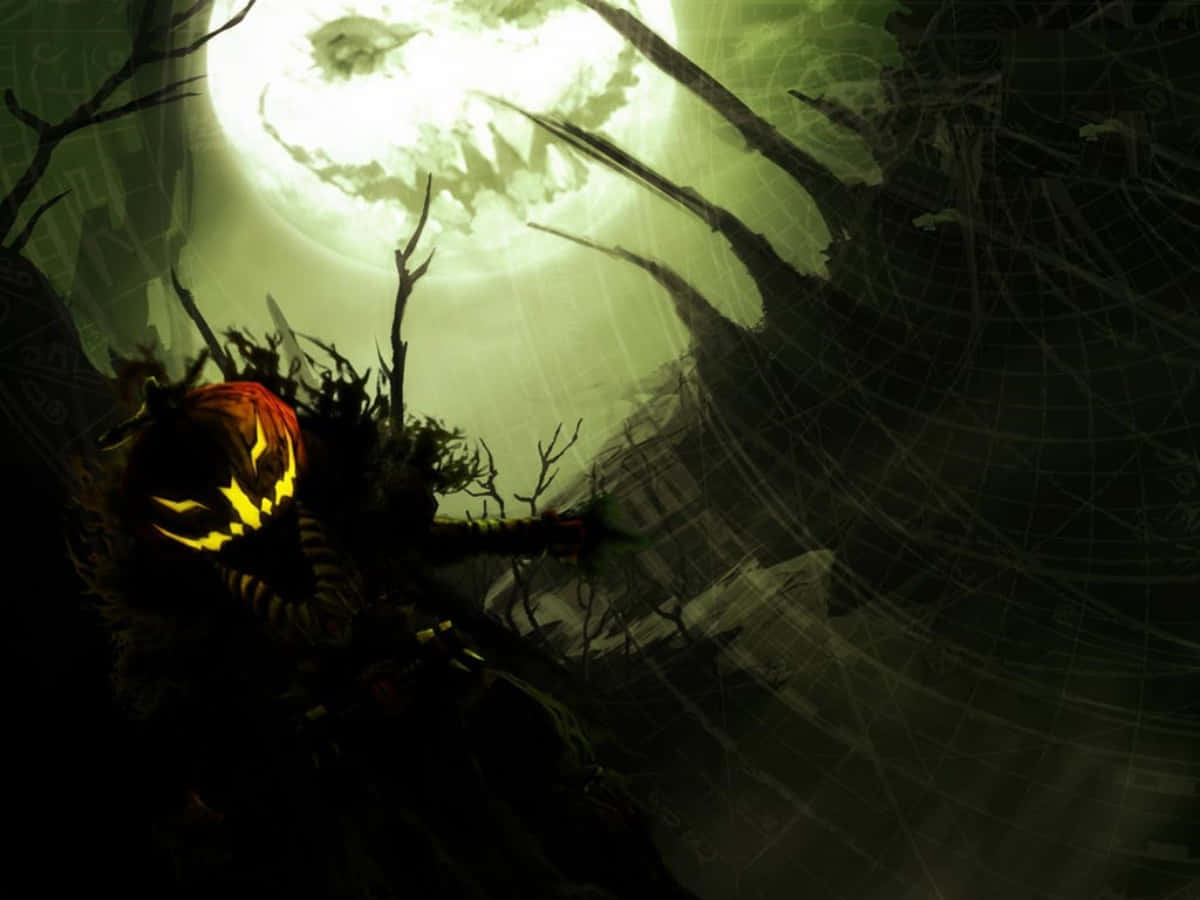 jack-o'-lantern, dark forest, ghostly green moon, SD Desktop Wallpaper