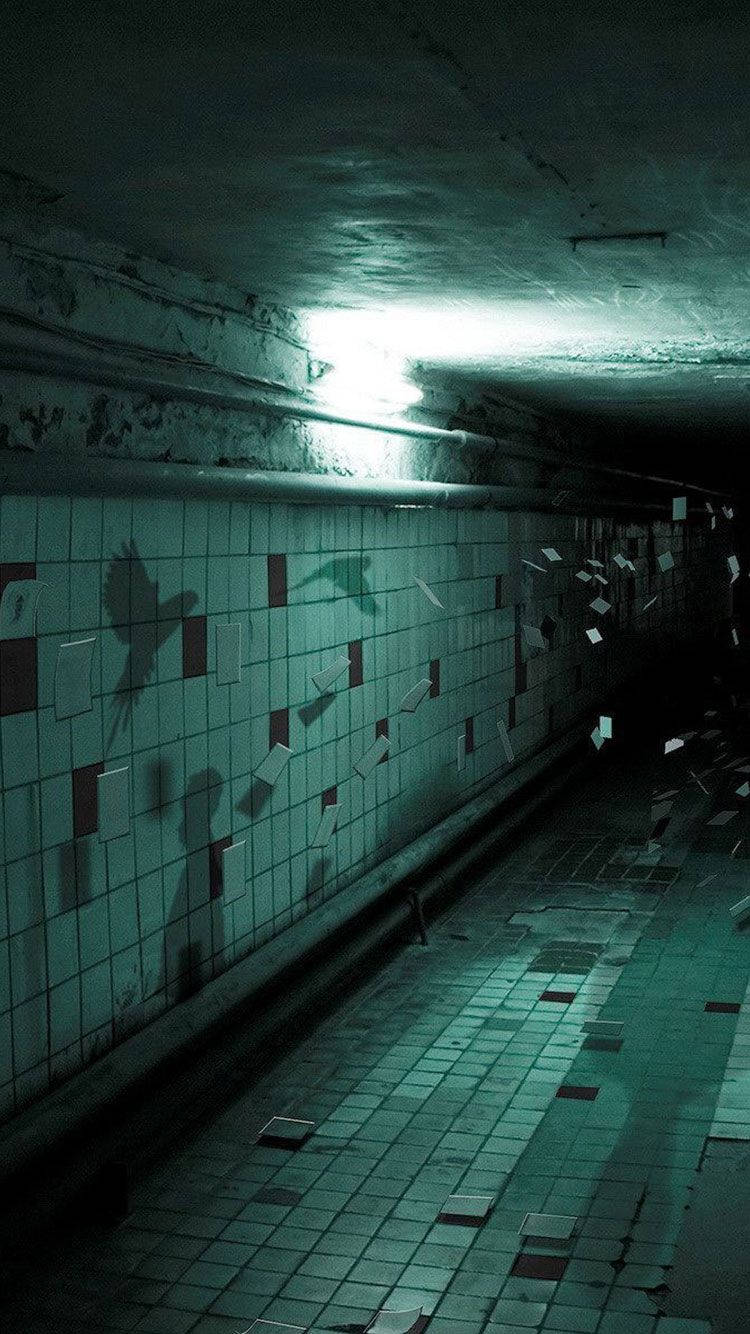 Scary Halloween iPhone, abandoned subway tunnel, cracked tiled walls, HD Phone Wallpaper