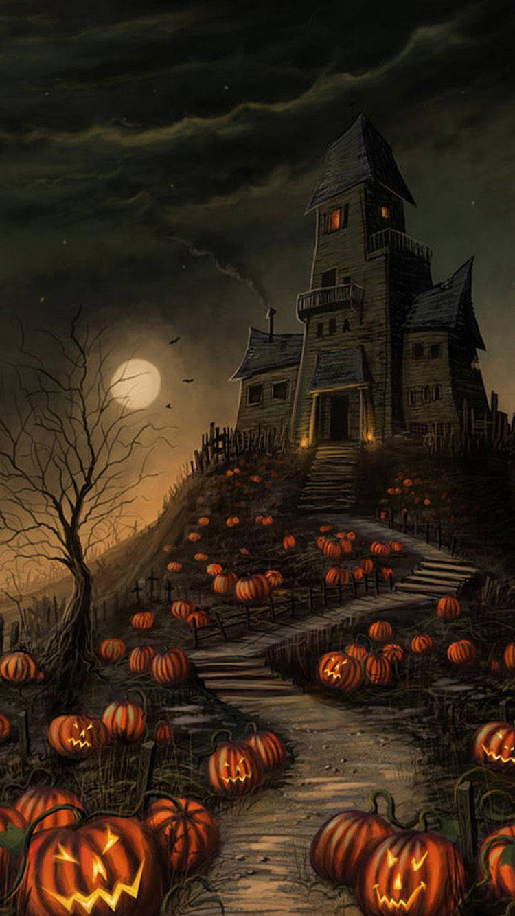 haunted house, full moon, glowing jack-o-lanterns, HD Phone Wallpaper