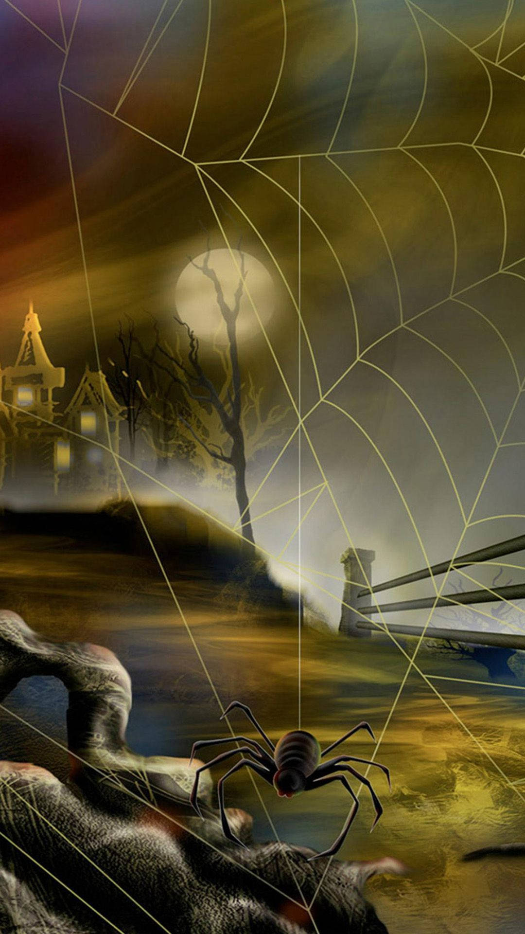 scary Halloween iPhone, giant spider, massive web, Full HD Phone Wallpaper
