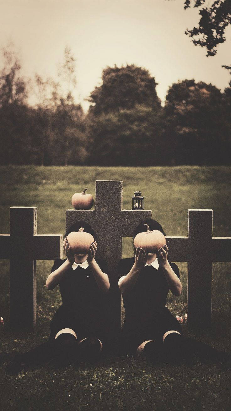Scary Halloween iPhone, black dresses, stone crosses, HD Phone Wallpaper