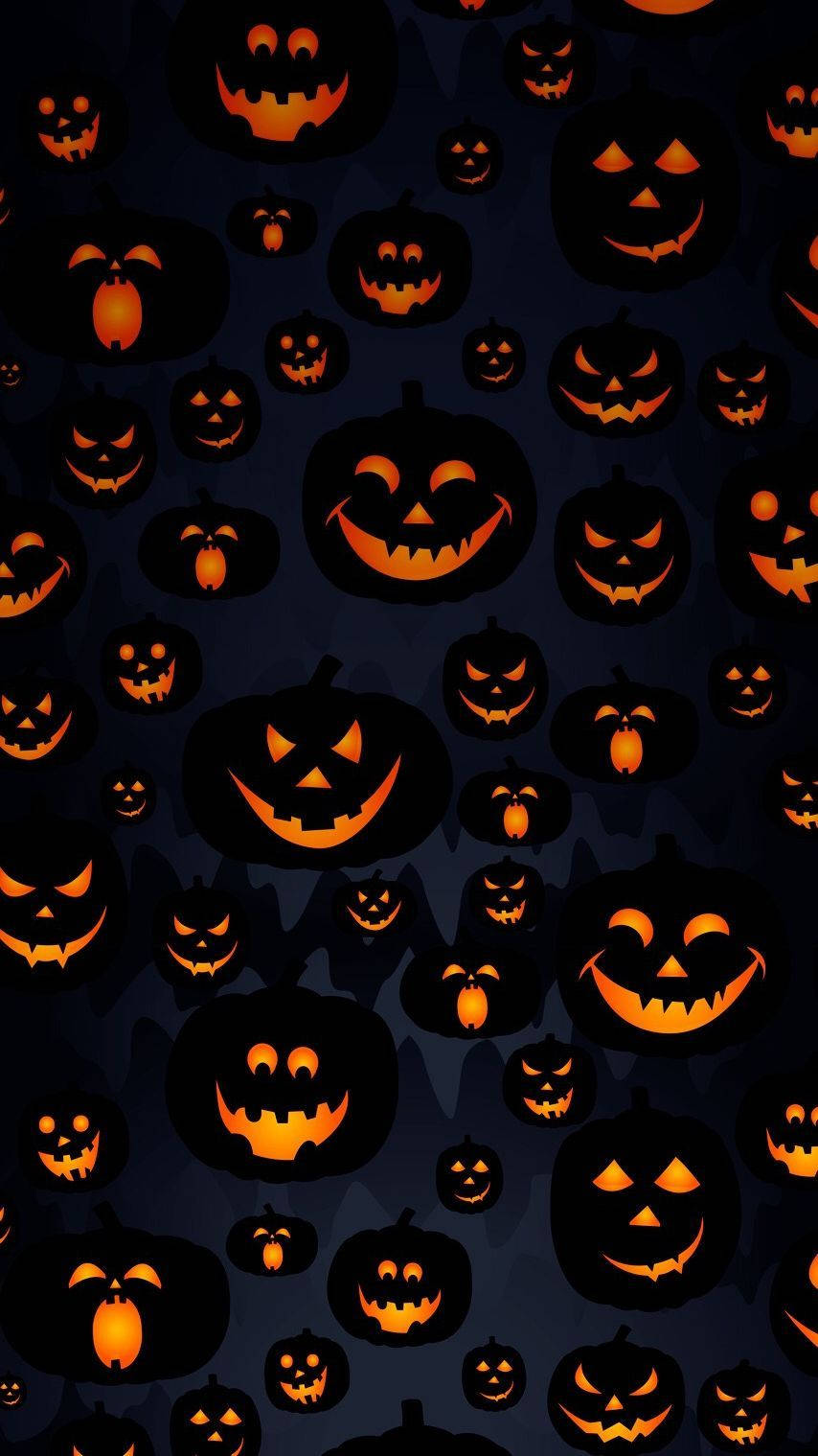 Scary Halloween iPhone, dark blue background, glowing orange jack-o'-lanterns, HD Phone Wallpaper