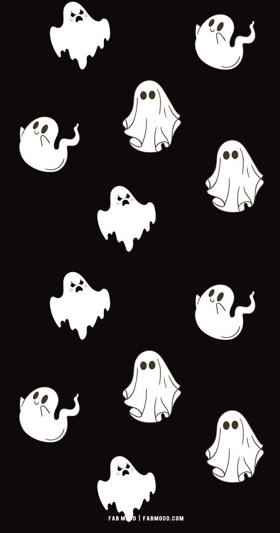 Cute Halloween iPhone Ghost Pattern, white cartoon ghosts, solid black background, SD Phone Wallpaper