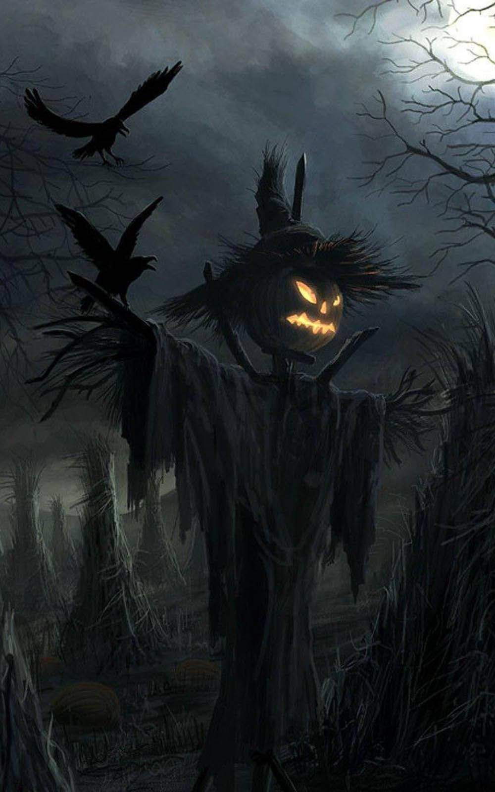Scary Halloween iPhone, jack-o'-lantern scarecrow, full moon, HD Phone Wallpaper