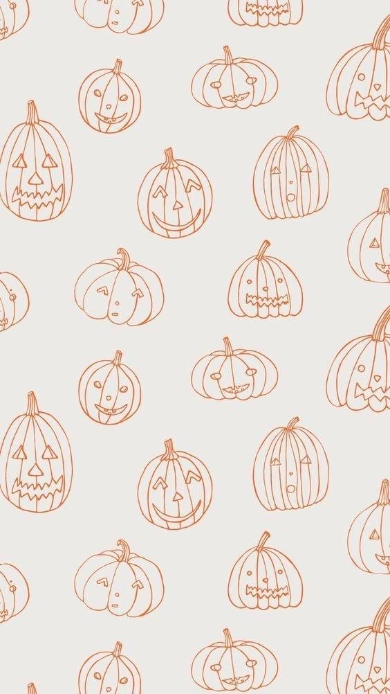 orange outlined jack-o'-lanterns, varied smiling faces, light beige background, SD Phone Wallpaper
