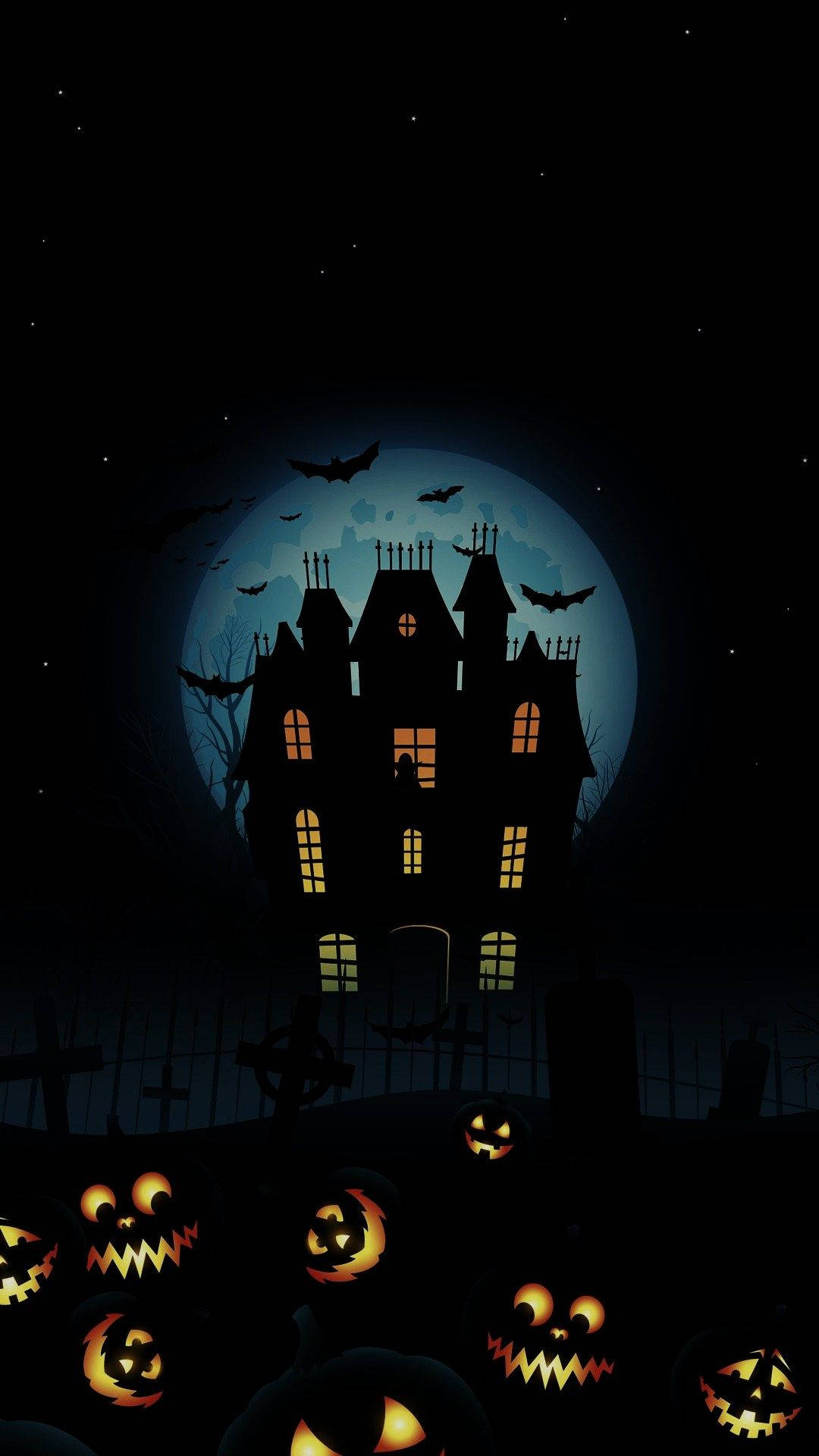 Blue Moon Halloween iPhone, glowing blue moon, haunted castle silhouette, Full HD Phone Wallpaper