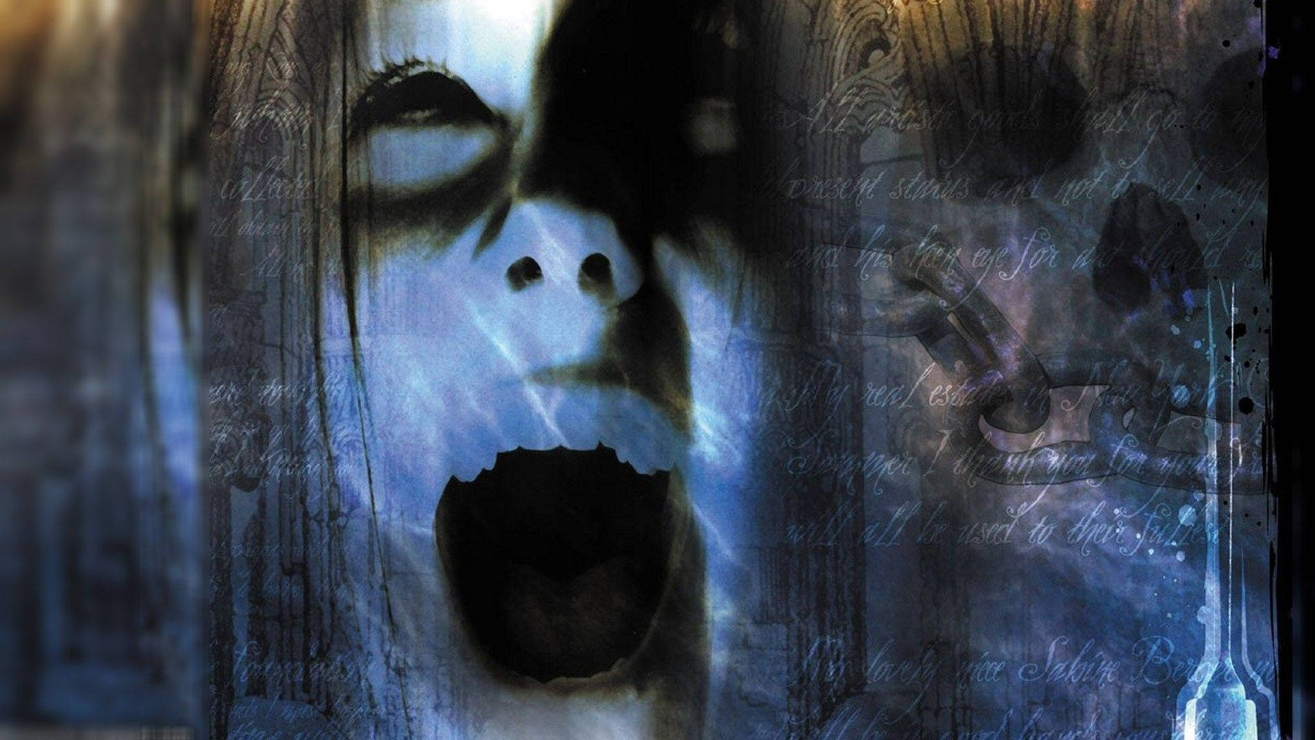 scary halloween screaming girl, blue tones, aged parchment, Full HD Desktop Wallpaper